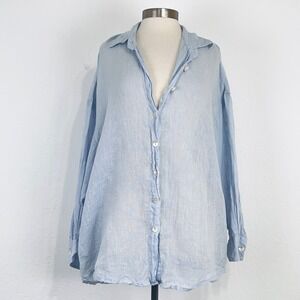 Vitamin A Playa Linen Boyfriend Shirt Sz Large Oversized Celeste Blue Beach